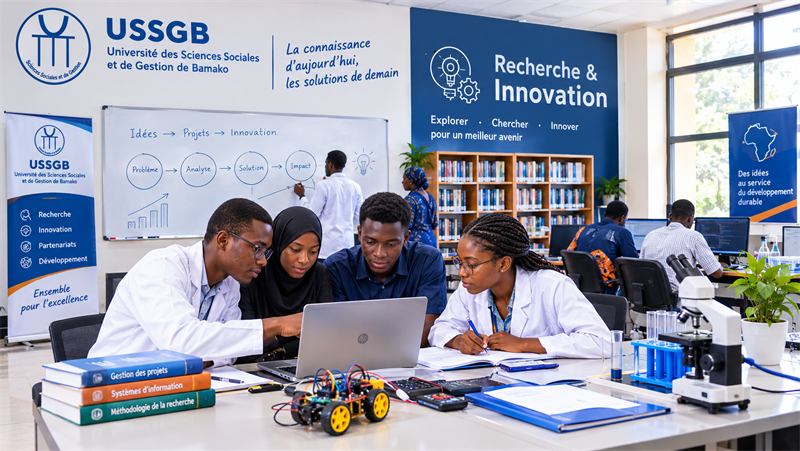 Étudiants-chercheurs travaillant ensemble dans l'espace Recherche & Innovation de l'USSGB